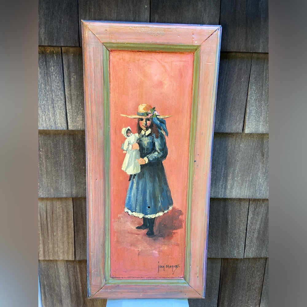 Vintage-Style Home Art Painting — Girl in Blue Dress on Coral Panel